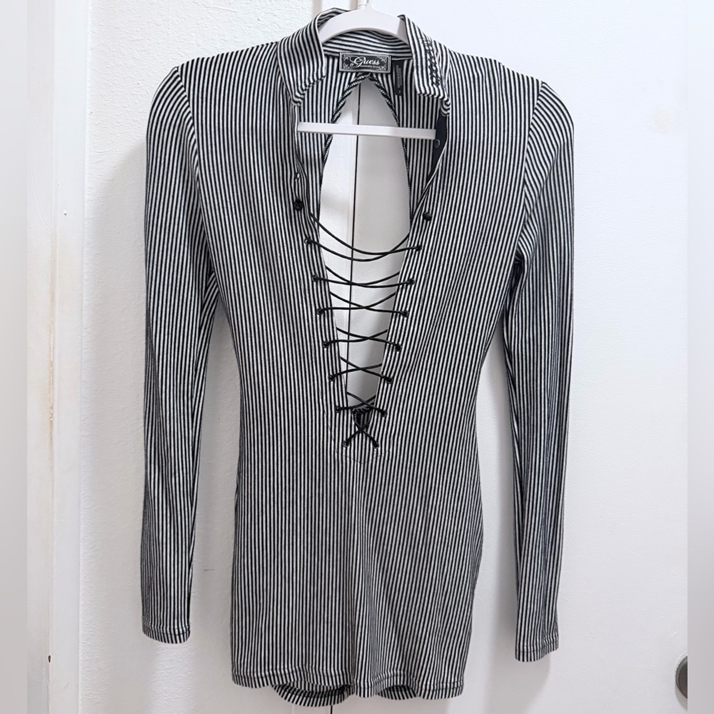 Guess Black and White Striped Lace-Up tunic